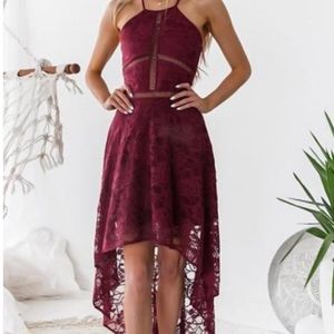 High/Low Lace Dress in deep wine color